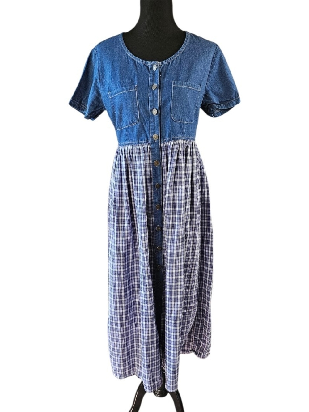 Vintage MPH Denim & Plaid Prairie Dress Cottagecore Medium